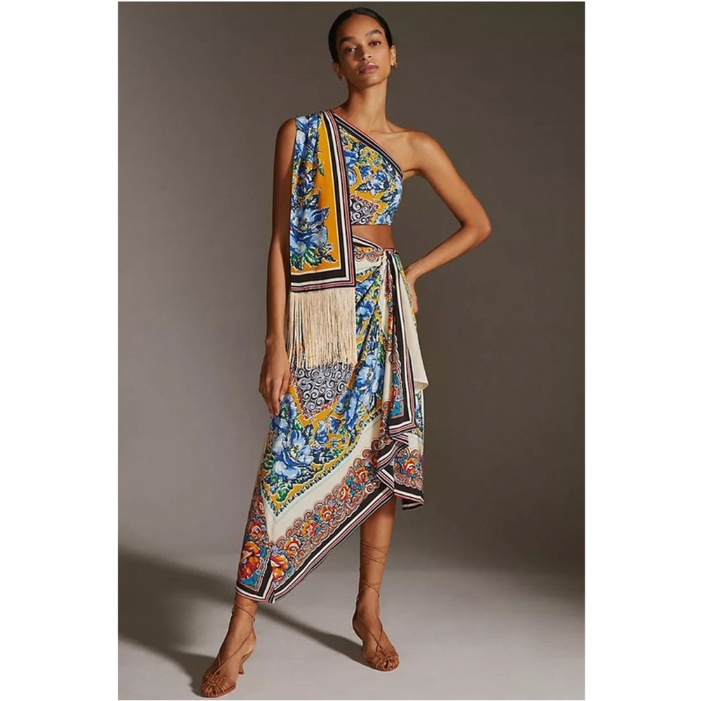 Anthropologie One-Shoulder Floral Midi Dress in Blue and Mustard